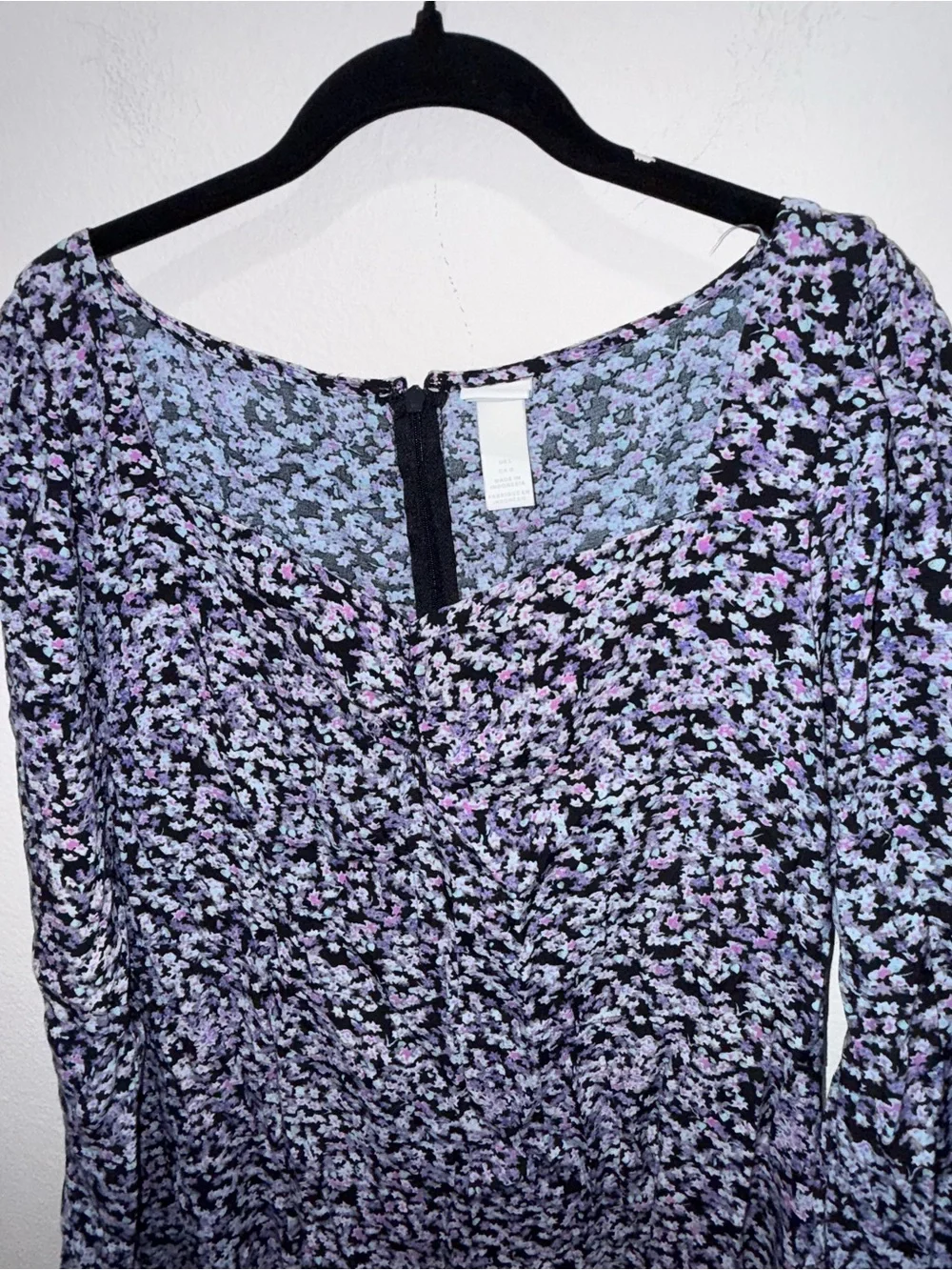 H&M Black Purple Floral Long Sleeve Midi Dress Side Slit Women’s Large